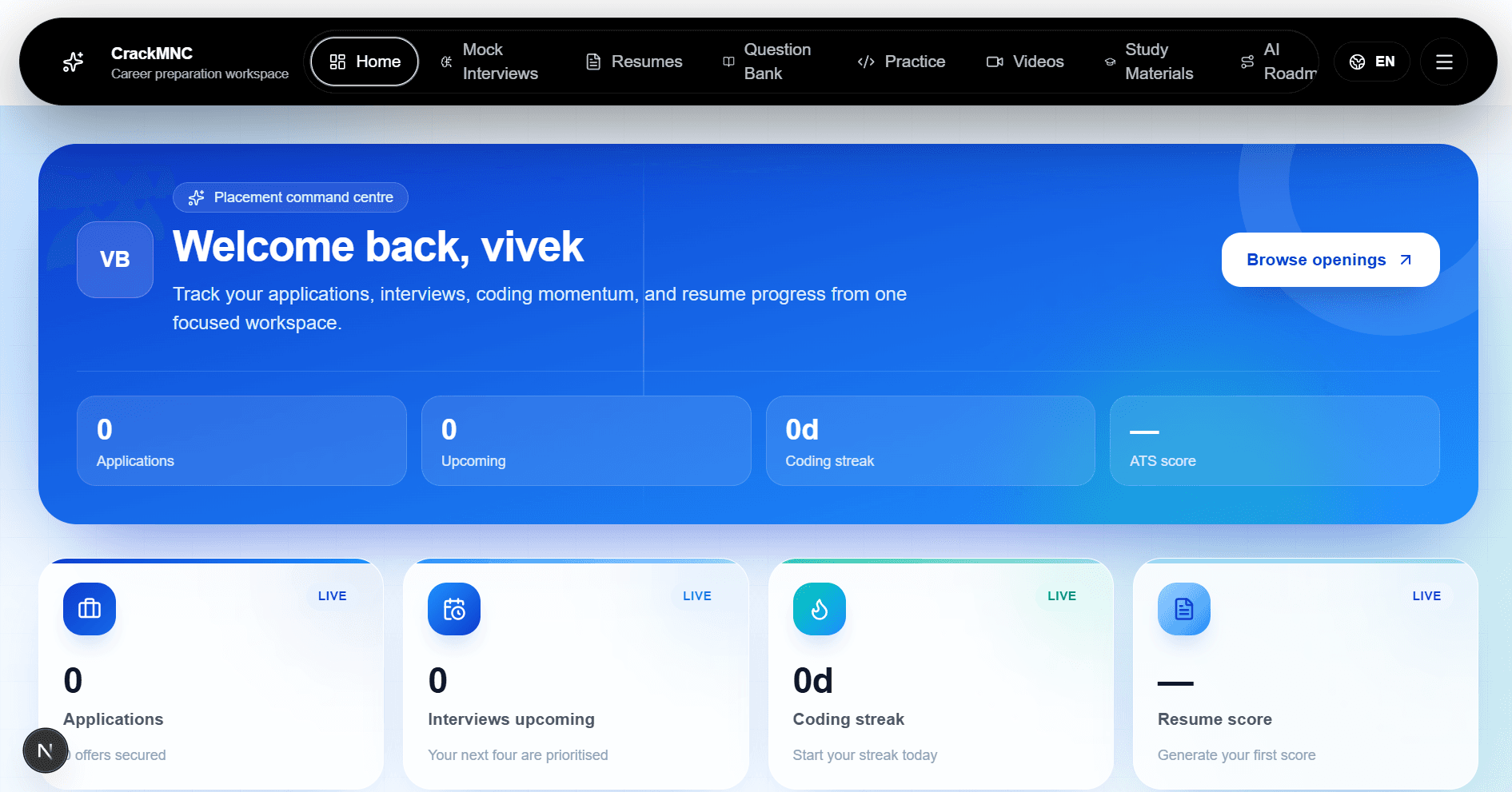 CrackMNC career preparation dashboard with interview, resume and application tools